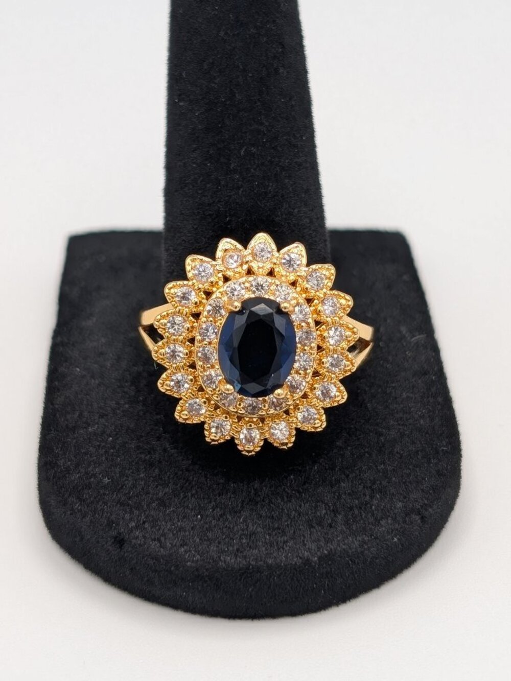 Vintage Gold Plated Blue Sapphire Double Halo Cocktail Ring Size 9.5 Princess Di